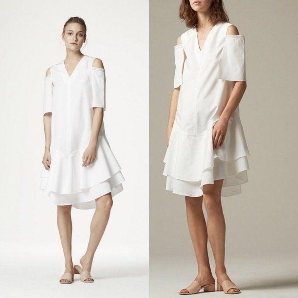 Kaelen White Cotton Shirting Double Ruffle Dress